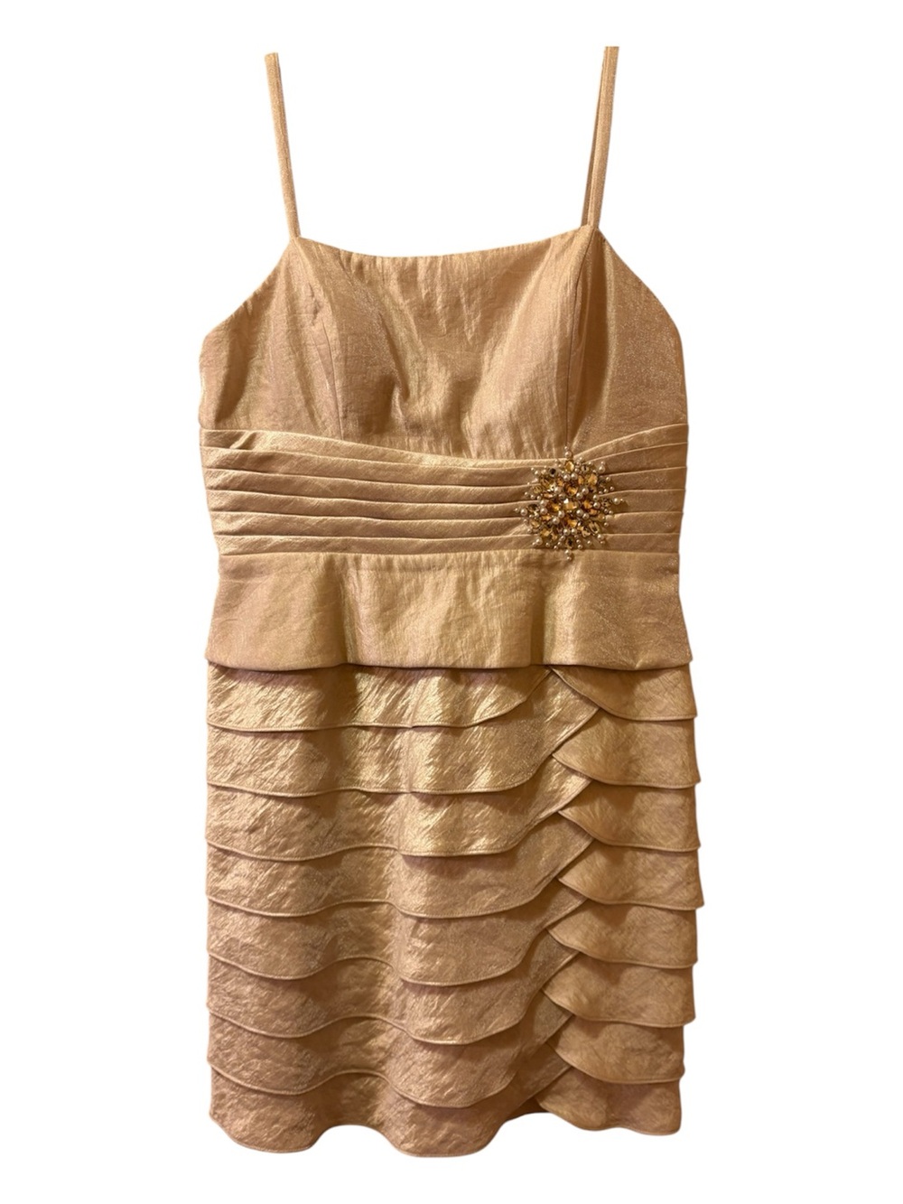 Jessica Howard Gold Tiered Ruffle Mini Dress with Beaded Brooch